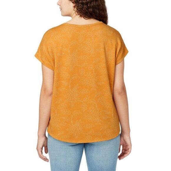 Buffalo Women's Size Small Short Sleeve Crewneck Top Mustard Yellow Tee Floral - Picture 4 of 9
